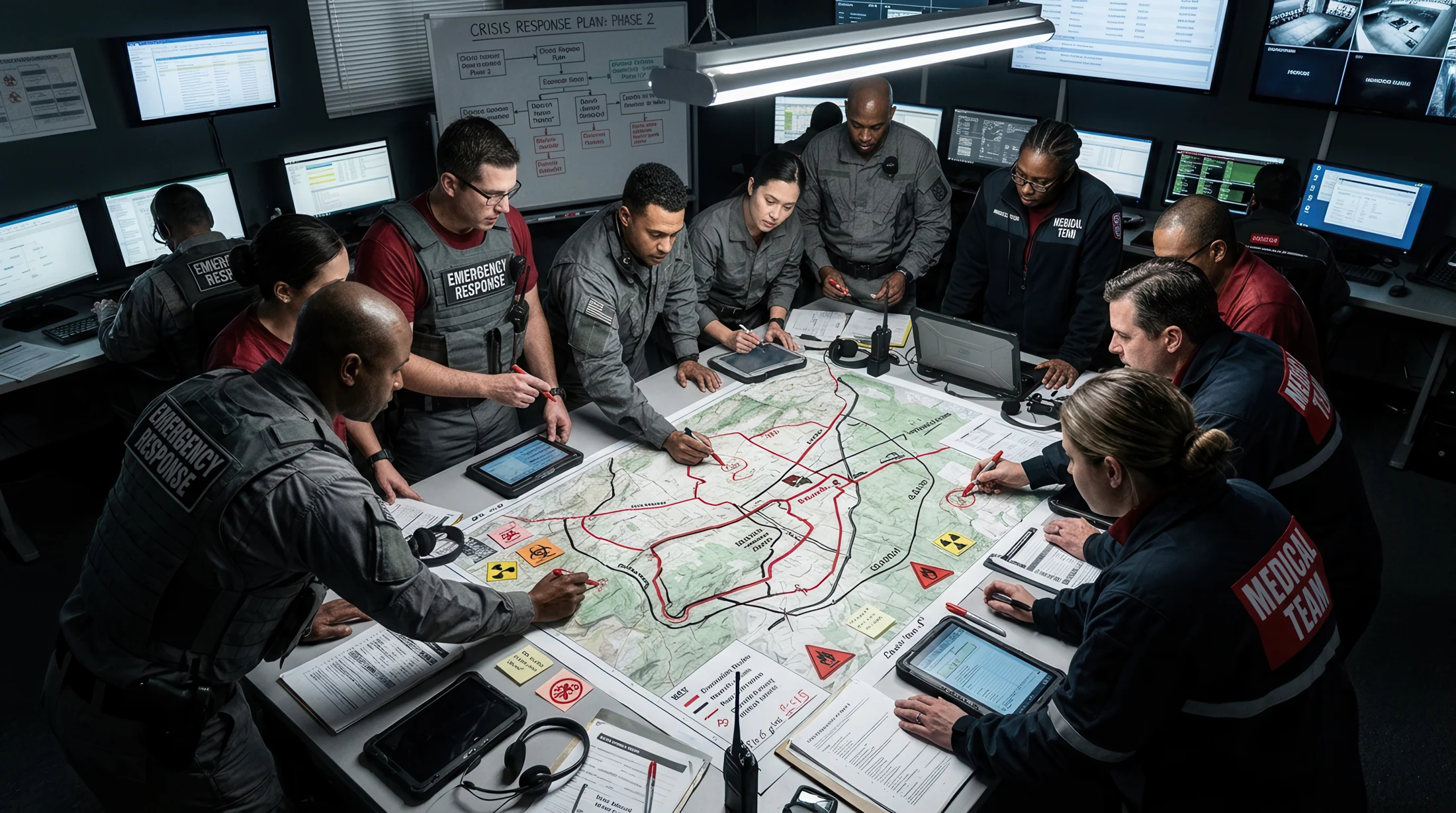 Illustrative response team reviewing maps and terminals